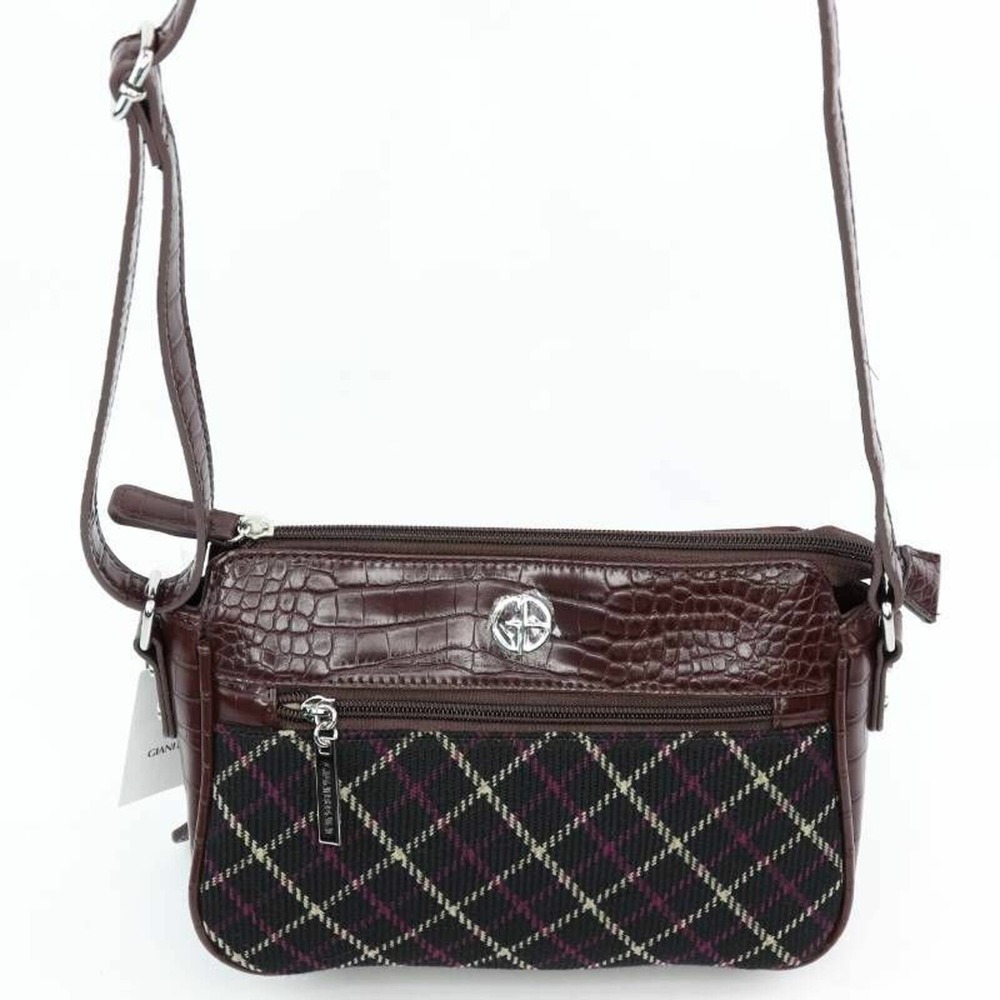 Giani Bernini Crossbody Bag Brown Faux Croc & Plaid Purse Adjustable Strap